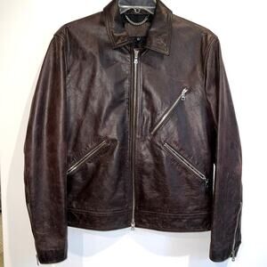 7 for all Mankind Brown Leather Moto Jacket Silver Zippers Lined Size L
